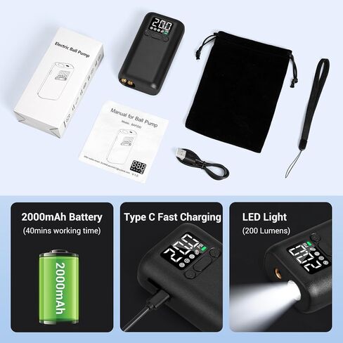 مضخة كرة كهربائية، مضخة كرة للكرات الرياضية، مضخة كرة السلة مع ضوء LED ومقياس ضغط دقيق، مضخة هواء قابلة لإعادة الشحن لكرة السلة، كرة القدم، كرة القدم، الكرة الطائرة، كرة الرجبي (بحد أقصى 20 رطل لكل بوصة مربعة) in Kuwait