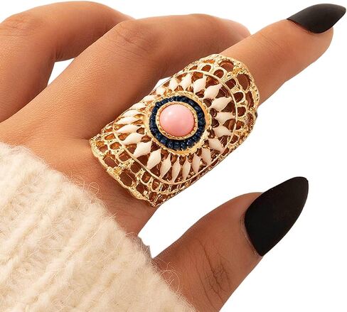 Vintage Flower Ring for Women Gold Hollow Flower Finger Ring Pink Rhinestone Ring Bohemian Flower Ring Exaggerated Ethnic Style Ring for Teen Girls Gifts in Saudi Arabia