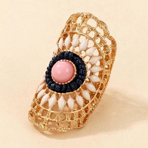 Vintage Flower Ring for Women Gold Hollow Flower Finger Ring Pink Rhinestone Ring Bohemian Flower Ring Exaggerated Ethnic Style Ring for Teen Girls Gifts in Saudi Arabia