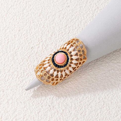 Vintage Flower Ring for Women Gold Hollow Flower Finger Ring Pink Rhinestone Ring Bohemian Flower Ring Exaggerated Ethnic Style Ring for Teen Girls Gifts in Saudi Arabia