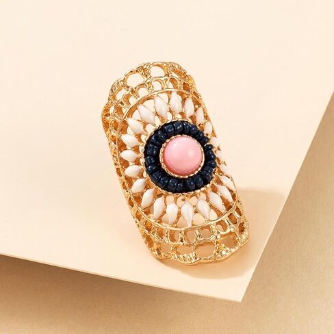 Vintage Flower Ring for Women Gold Hollow Flower Finger Ring Pink Rhinestone Ring Bohemian Flower Ring Exaggerated Ethnic Style Ring for Teen Girls Gifts in Saudi Arabia