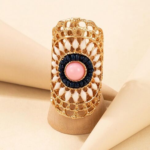 Vintage Flower Ring for Women Gold Hollow Flower Finger Ring Pink Rhinestone Ring Bohemian Flower Ring Exaggerated Ethnic Style Ring for Teen Girls Gifts in Saudi Arabia