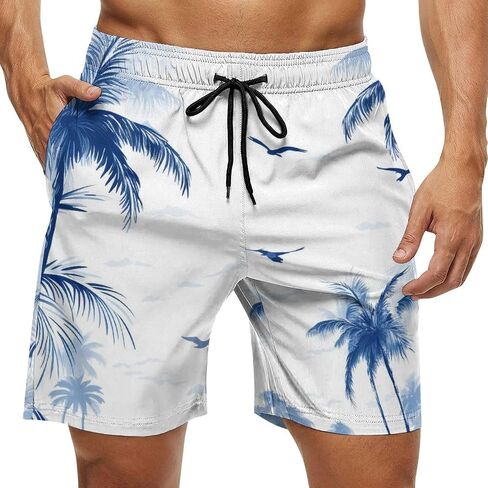 Men Drawstring Elastic Waist Swim Trunks Dark Palm Pattern Beach Board Shorts in Saudi Arabia