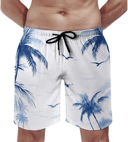 Men Drawstring Elastic Waist Swim Trunks Dark Palm Pattern Beach Board Shorts in Saudi Arabia