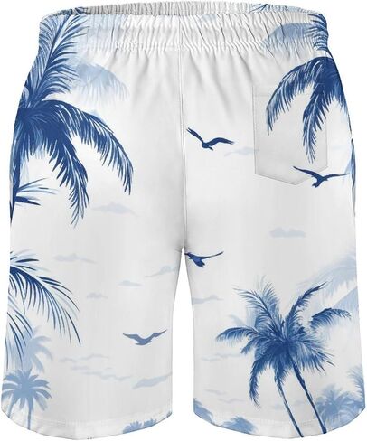 Men Drawstring Elastic Waist Swim Trunks Dark Palm Pattern Beach Board Shorts in Saudi Arabia
