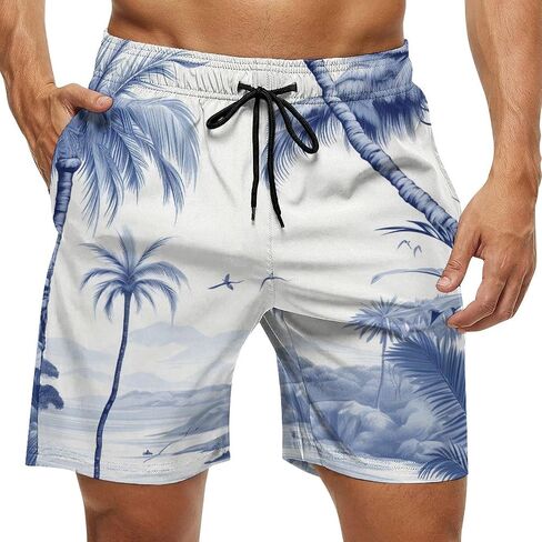 Men Drawstring Elastic Waist Swim Trunks Dark Palm Pattern Beach Board Shorts in Saudi Arabia