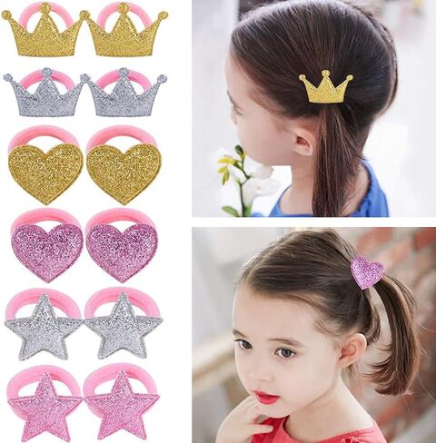 ربطة شعر للفتيات الصغيرات، 24 قطعة من ربطات الشعر اللطيفة اللامعة للفتيات، أربطة مطاطية مرنة على شكل تاج على شكل قلب ونجمة، إكسسوارات شعر للفتيات المراهقات والأطفال الصغار (لون عشوائي، 12 زوجًا) in Kuwait