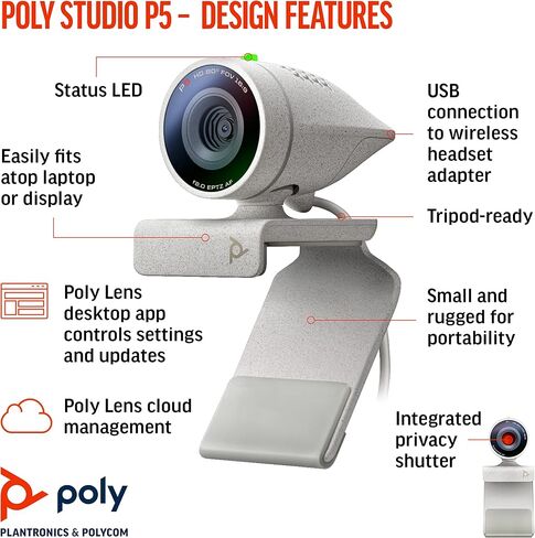 Poly Studio P5 Professional HD 1080p Webcam 4x Zoom 2 Megapixels USB Computer Camera Microphone for PC, Mac, Streaming, Video Conferencing for Windows MacOS, 1 Year HP Warranty, White (Renewed) in Saudi Arabia