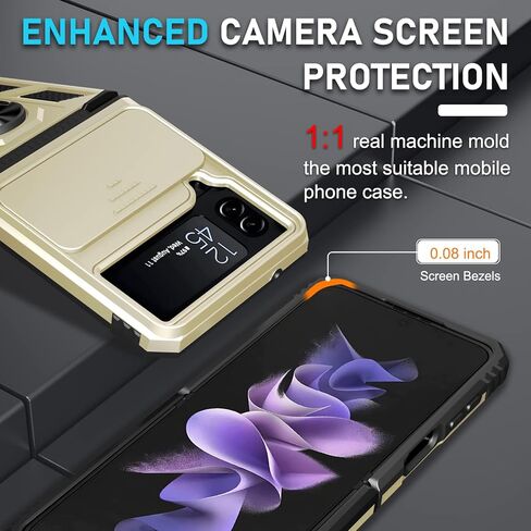 جراب Janmitta لهاتف Samsung Galaxy Z Flip 4 مدمج بغطاء عدسة كاميرا منزلق + حماية المفصلات + مسند ثابت بحلقة الإصبع، غطاء هاتف واقٍ لكامل الجسم مقاوم للصدمات شديد التحمل، 2022 أرجواني بناتي in Kuwait