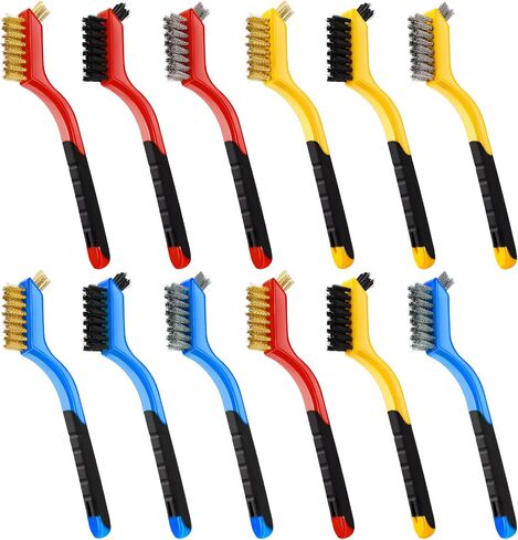 Wire Brush Set,12 Pcs Brass/Stainless Steel/Nylon Wire Brushes,Mini Brushes with Curved Handle Grip,Heavy Duty Wire Brushes for Cleaning Rust,Welding Slag,Paint and Dust,7 Inches (12) in Saudi Arabia