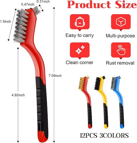 Wire Brush Set,12 Pcs Brass/Stainless Steel/Nylon Wire Brushes,Mini Brushes with Curved Handle Grip,Heavy Duty Wire Brushes for Cleaning Rust,Welding Slag,Paint and Dust,7 Inches (12) in Saudi Arabia