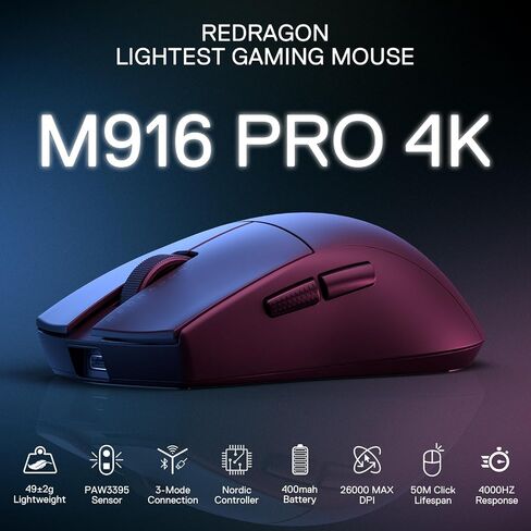 ماوس ألعاب لاسلكي Redragon M916 PRO ثلاثي الأوضاع، ماوس ألعاب 49 جيجا خفيف للغاية 26 كيلو نقطة في البوصة مع تصميم قبضة طبيعية مريحة، أزرار كاملة قابلة للبرمجة، يدعم البرنامج روابط المفاتيح DIY وDPI in Saudi Arabia