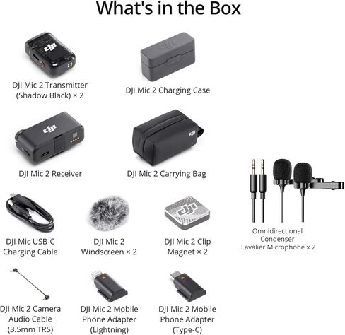 DJI Mic 2 - All-in-One Professional Wireless Microphone System - Includes 2 Transmitters, 1 Receiver with Charging Case and Two Condenser Lavalier Microphones - Bluetooth Recording, iPhone, Android in Saudi Arabia