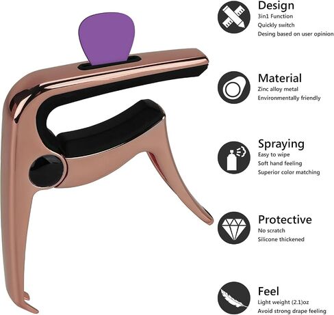 Geekria 3IN1 Guitar Capo, Zinc Alloy Metal Capo for Acoustic and Electric Guitars, Ukulele, Mandolin, Classical Guitar Accessories (Rose Gold) in Saudi Arabia