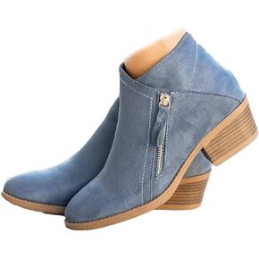 DirraBra Women's Suede Low-Heeled Chelsea Boots Fashion Pointed Toe Chunky Stacked Heel Western Cowboy Boots Autumn Winter Side Zip Dress Ankle Bootie