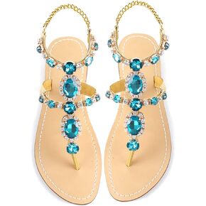 ZhuLinFeng Women's Rhinestone Gladiator Sandals Flat Wedding Sandals Gem Pearl Sparkling Bridal Bridesmaid Sandals Blue Bohemian Sandals