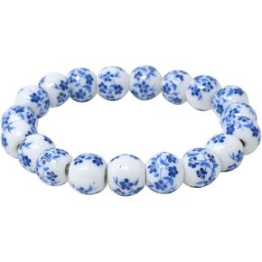 yueton 1Pack Elegant Porcelain Beads Bracelet Chinese Style Celadon Wrist Bracelet Retro Blue Flower Ceramics Bracelet for Women Girls