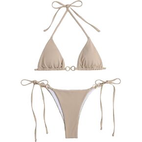 COZYEASE Women's 2 Piece Floral Print Smocked Triangle Thong Sexy Tie Bikini Swimsuit Khaki L