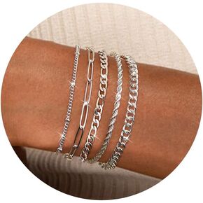 Gold / Silver Bracelets for Women, Dainty Bracelets for Women Trendy, 14K Real Gold / Sterlling Silver Bracelets Stack With Heart, Beaded, Cuban, Paperclip, Snake, Rope, Pearl, Cross, Hand Chain, Fashion Jewelry Set for Women Girl