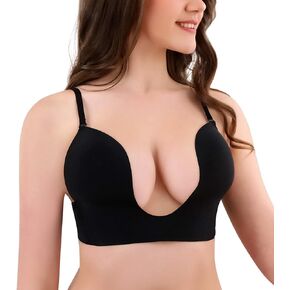 Women’s Sexy Deep U Plunge Bra Multi-Way Convertible Push Up Halter Low Back Bra