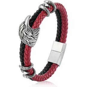 BIYONGDE Mens Vintage Steel Viking Eagle Head Claw Two-row Black Red Braided Leather Bangle Bracelet