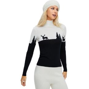 Bellemere New York Women's 100% Mercerized Merino Wool Deer & Tree Sweater | Lightweight Soft Fabric, High Neck Design w/Embroidered Logo | Black and White, Large