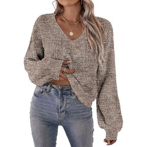 Verdusa Women's Casual V Neck Drop Shoulder Long Sleeve Sweater Pullovers