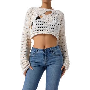 Women Hollow Out Square Neck Crochet Knit Sweater Pullover Y2k Crop Tops Long Sleeve Crochet Blouse Y2K Streetwear