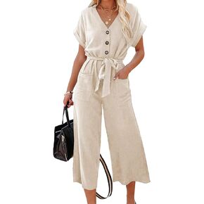 Acelitt Womens Ladies Casual V Neck Short Sleeve Button Down High Waisted Belted Beige Wide Leg Jumpsuits Rompers with Pockets Large