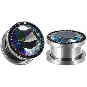 NewZenro Black Crystal Rhinestones Rainbow Round CZ Ear Tunnels Plugs Expander Gauges Stretcher Earrings Screw Stainless Steel Piercing Body Jewelry Personalized Gifts