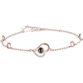 Women Love Heart Projection Bracelet or Anklet Jewelry, 925 Sterling Silver Memory of Love Bracelet or Anklet - 100 Different Languages For I Love You