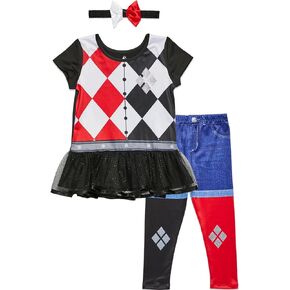 WARNER BROS. Harley Quinn Girls Cosplay Costume Dress Leggings and Headband 3 Piece Set Newborn to Big Kid