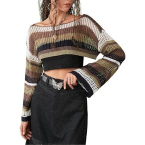 WDIRARA Women's Colorblock Striped Hollow Out Boat Neck Long Sleeve Crop Sweater Top
