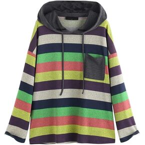 Jelly Brynn Women's Plus Size Autumn Top Striped Hoody Sweatshirt Color Block Long Sleeve Drawstring T-Shirt Fall Cloths