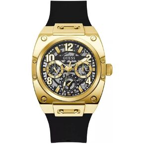 GUESS Men's 43mm Watch - Black Strap Black Dial Gold Tone Case