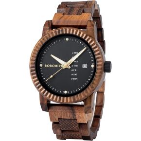BOBO BIRD Mens Wooden Watch Analog Quartz with Week Display Lightweight Handmade Wood Wrist Watch for Men
