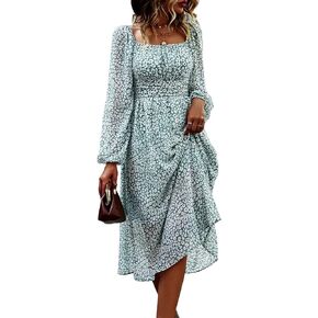 Women's Off Shoulder Square Neck Maxi Long Sleeves Floral Printed Flared Dress
