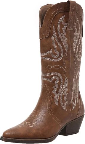 Cowboy Boots for Women Cowgirl Mid Calf Western Boots Embroidered Stitched Pointed Toe Chunky Block Heel Brown Red Black US5-11 in Saudi Arabia