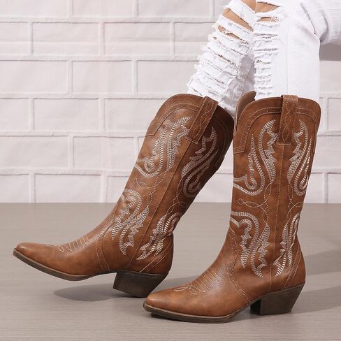 Cowboy Boots for Women Cowgirl Mid Calf Western Boots Embroidered Stitched Pointed Toe Chunky Block Heel Brown Red Black US5-11 in Saudi Arabia