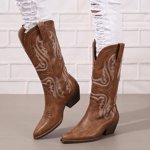 Cowboy Boots for Women Cowgirl Mid Calf Western Boots Embroidered Stitched Pointed Toe Chunky Block Heel Brown Red Black US5-11 in Saudi Arabia
