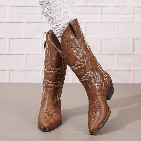 Cowboy Boots for Women Cowgirl Mid Calf Western Boots Embroidered Stitched Pointed Toe Chunky Block Heel Brown Red Black US5-11 in Saudi Arabia