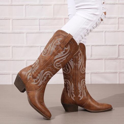 Cowboy Boots for Women Cowgirl Mid Calf Western Boots Embroidered Stitched Pointed Toe Chunky Block Heel Brown Red Black US5-11 in Saudi Arabia