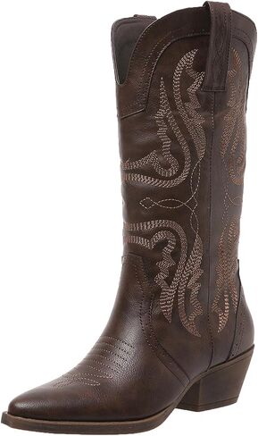 Cowboy Boots for Women Cowgirl Mid Calf Western Boots Embroidered Stitched Pointed Toe Chunky Block Heel Brown Red Black US5-11 in Saudi Arabia