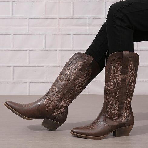 Cowboy Boots for Women Cowgirl Mid Calf Western Boots Embroidered Stitched Pointed Toe Chunky Block Heel Brown Red Black US5-11 in Saudi Arabia