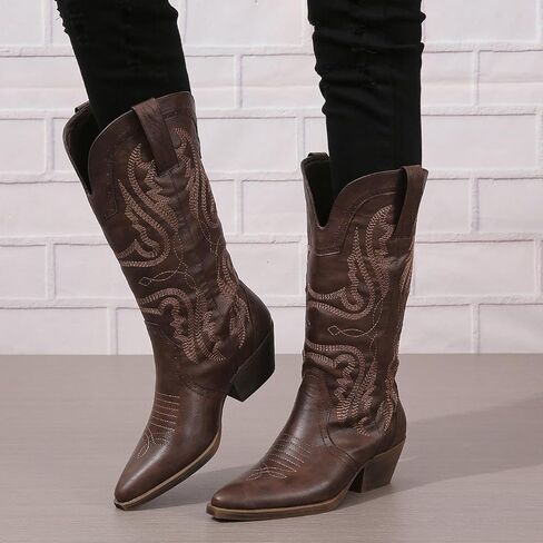 Cowboy Boots for Women Cowgirl Mid Calf Western Boots Embroidered Stitched Pointed Toe Chunky Block Heel Brown Red Black US5-11 in Saudi Arabia