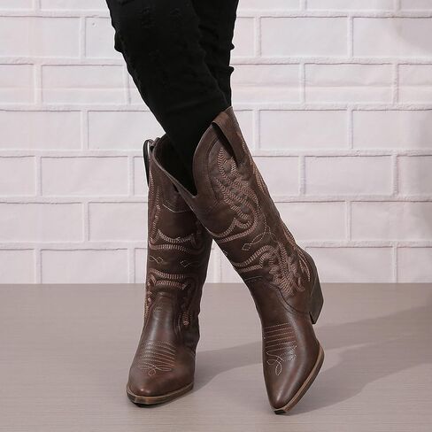Cowboy Boots for Women Cowgirl Mid Calf Western Boots Embroidered Stitched Pointed Toe Chunky Block Heel Brown Red Black US5-11 in Saudi Arabia