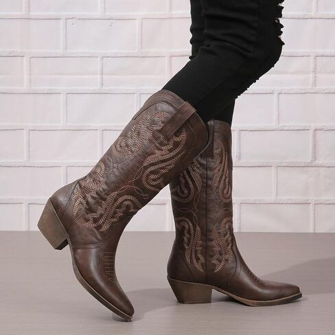 Cowboy Boots for Women Cowgirl Mid Calf Western Boots Embroidered Stitched Pointed Toe Chunky Block Heel Brown Red Black US5-11 in Saudi Arabia