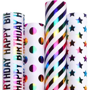 Ribbli Birthday Wrapping Paper 30 Inch Iridescent Gift Wrapping Paper 4 Rolls Happy Birthday Polka Dots Stripes Stars Printed Assortment -120 inch(10feet) Per Roll