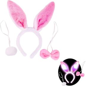 Kangaroo - 3 Pieces Plush LED Furry Easter Bunny Costume Set, Ears, Tail, and Bowtie Cosplay Accessories for Christmas Halloween, and All Party Favor, Pink