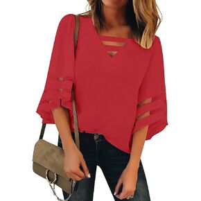 luvamia Women Casual Strappy V Neck Blouse 3/4 Bell Sleeve Mesh Panel Shirts Top